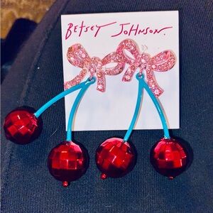 New Betsey Johnson Pink Bow Red Cherry Earrings